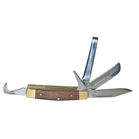 Cuchillo ecuestre plegable con raspador.