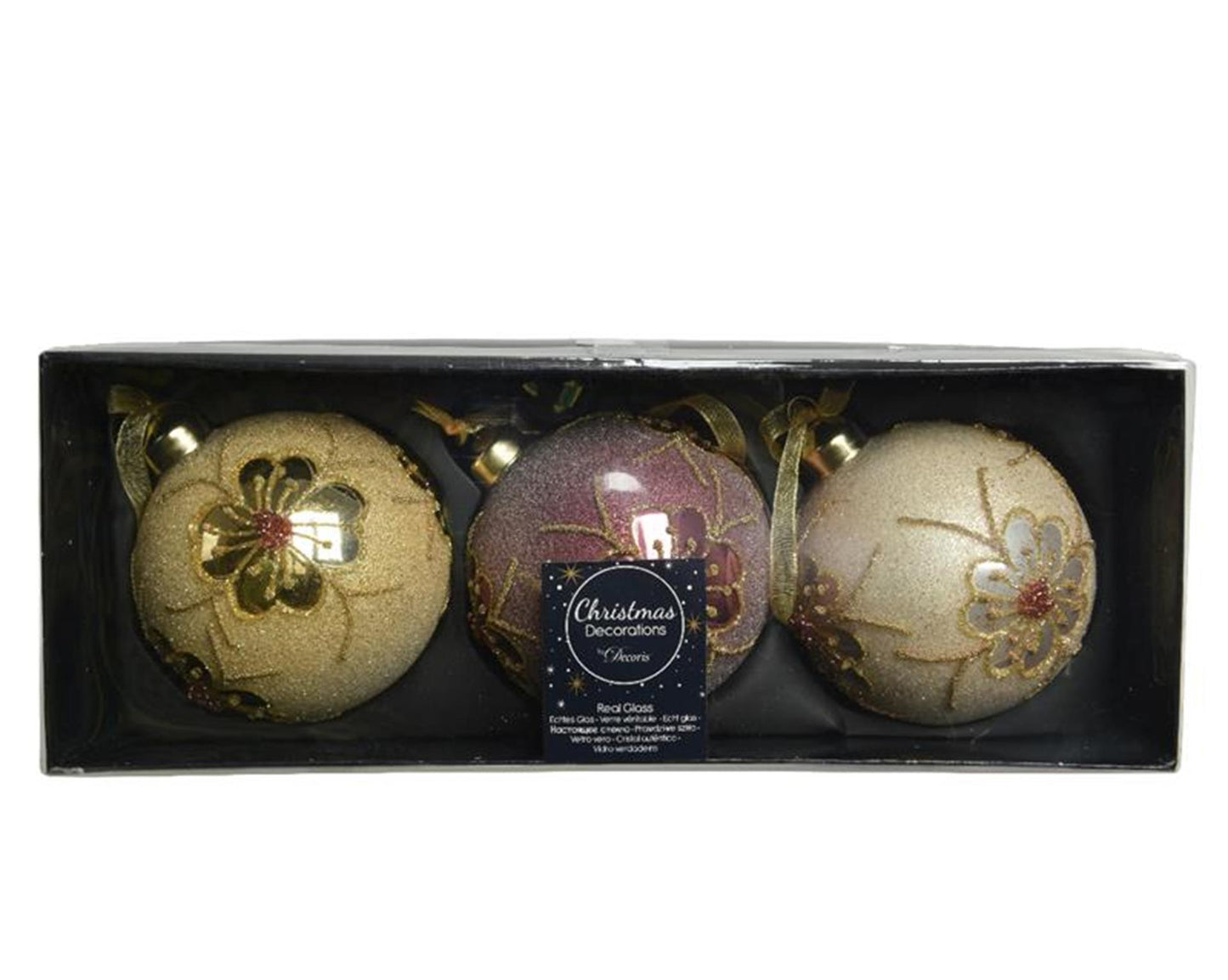 Juego de bolas navideñas Decoris de 3 piezas de cristal rosa de 8 cm