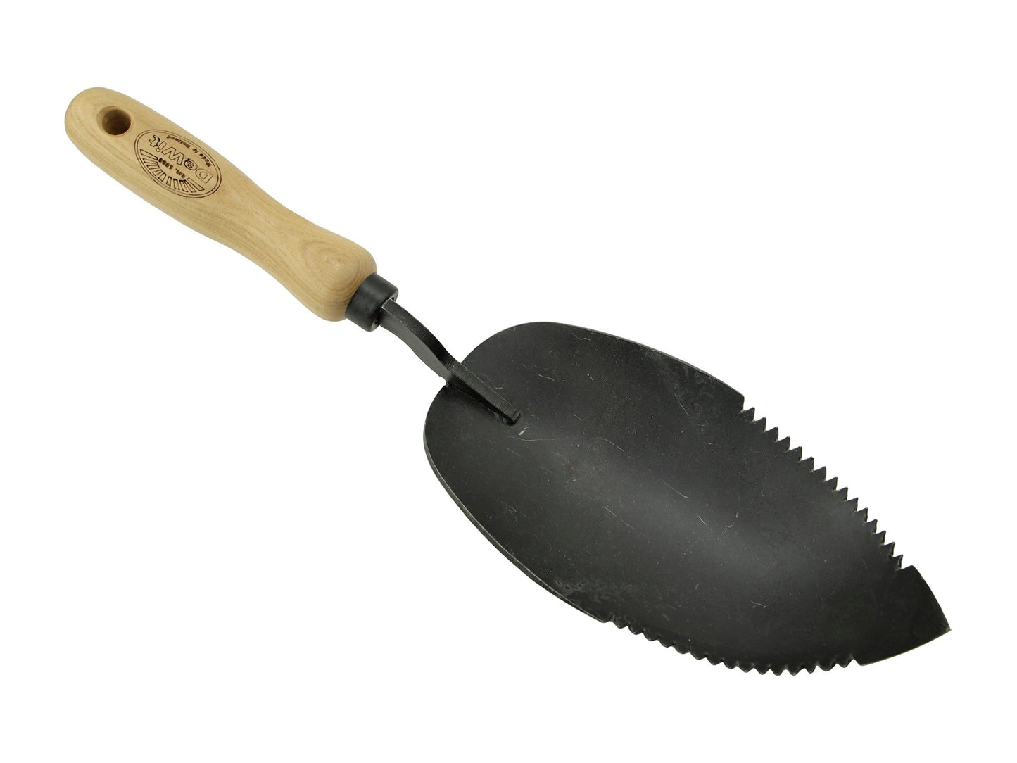 Pala per terriccio bianca con lama seghettata, manico in frassino 14 cm dewit
