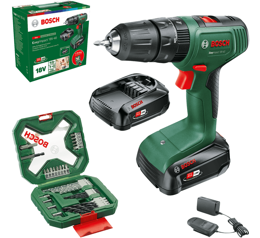 Imp bosch verde easyact 18v-40 | taladro atornillador de impacto inalámbrico | 2 baterías de 2,0 ah + cargador rápido + accesorios - 06039d8109