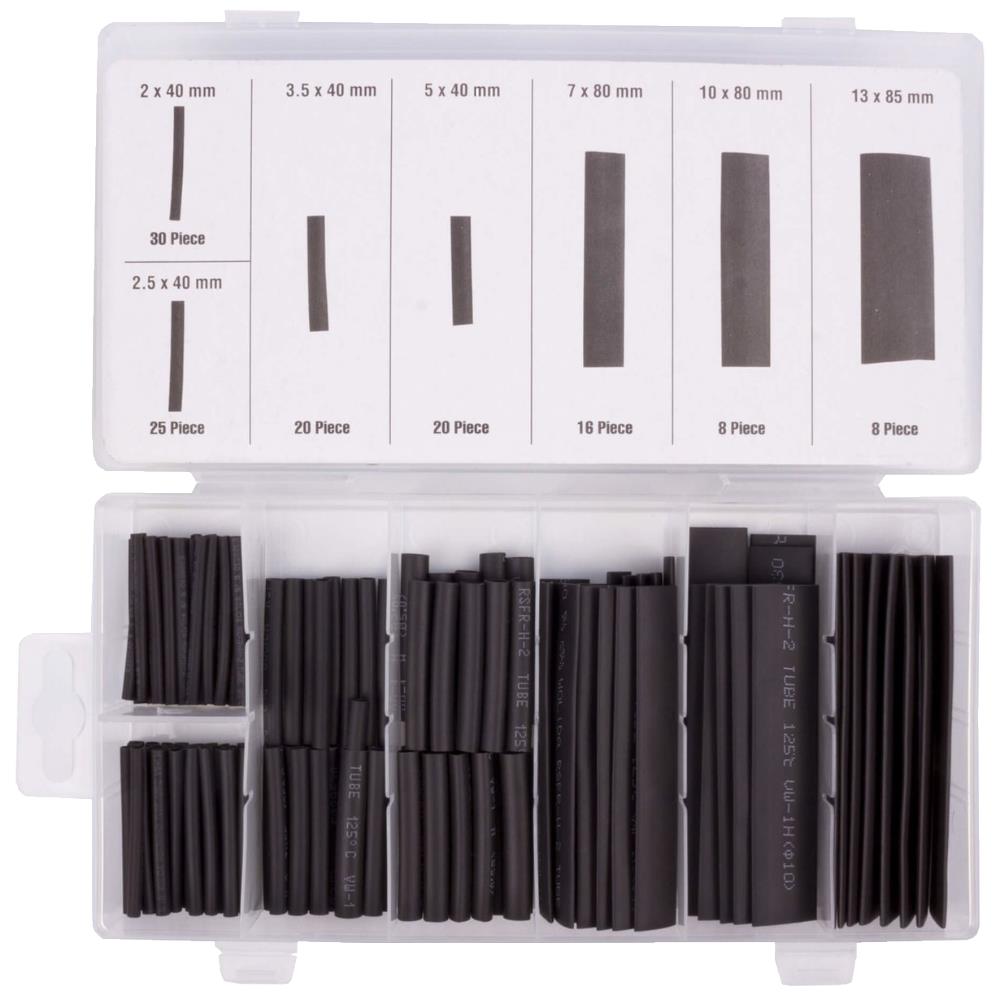 Rango de tubos de contracción Negro, 127 piezas en la caja de almacenamiento.