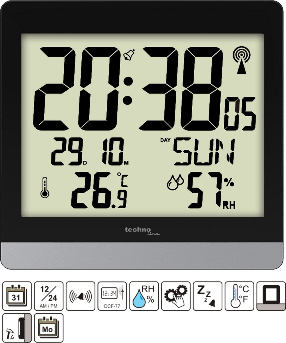 Technoline reloj de pared digital radiocontrolado reloj de mesa - termómetro higrómetro - fecha - función de repetición ws 8014