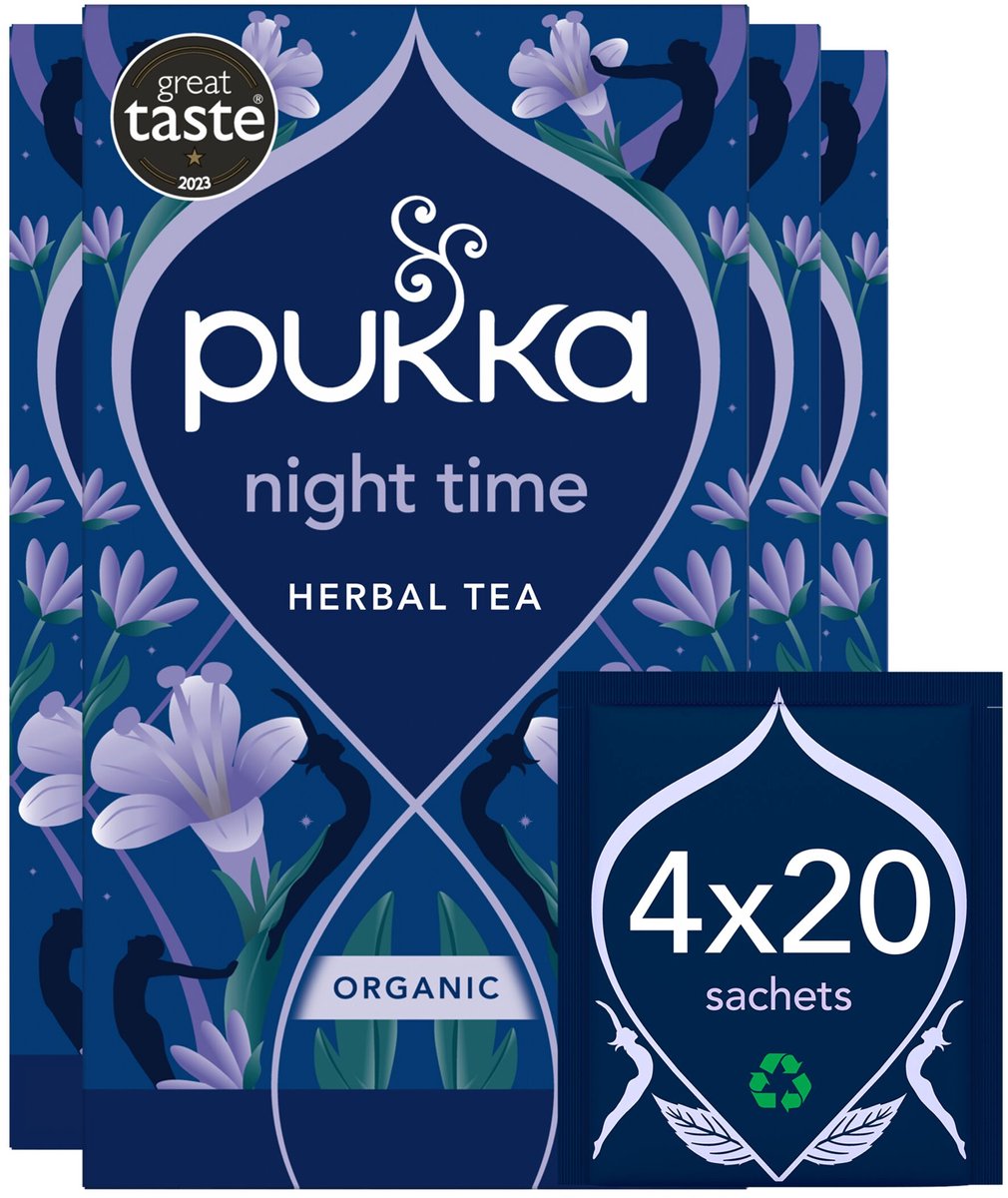 Pukka tea night time - 80 theezakjes - biologische kruidenthee - nachtrust - lavendel - slaapthee - 4 x 20 zakjes - thee voordeelverpakking