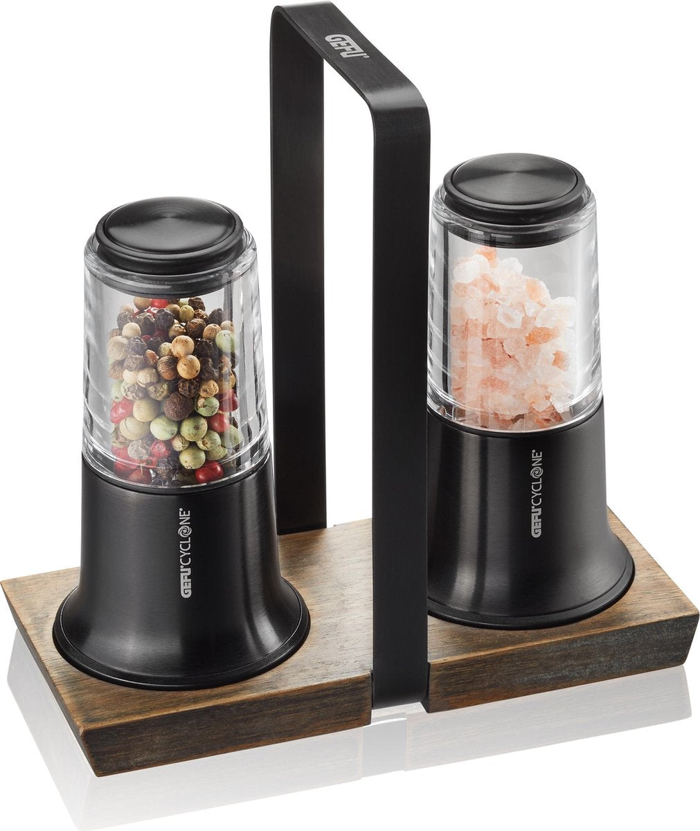 Set macina sale e pepe Gefu x-plosion® – 2 pezzi – nero – con supporto in legno di acacia