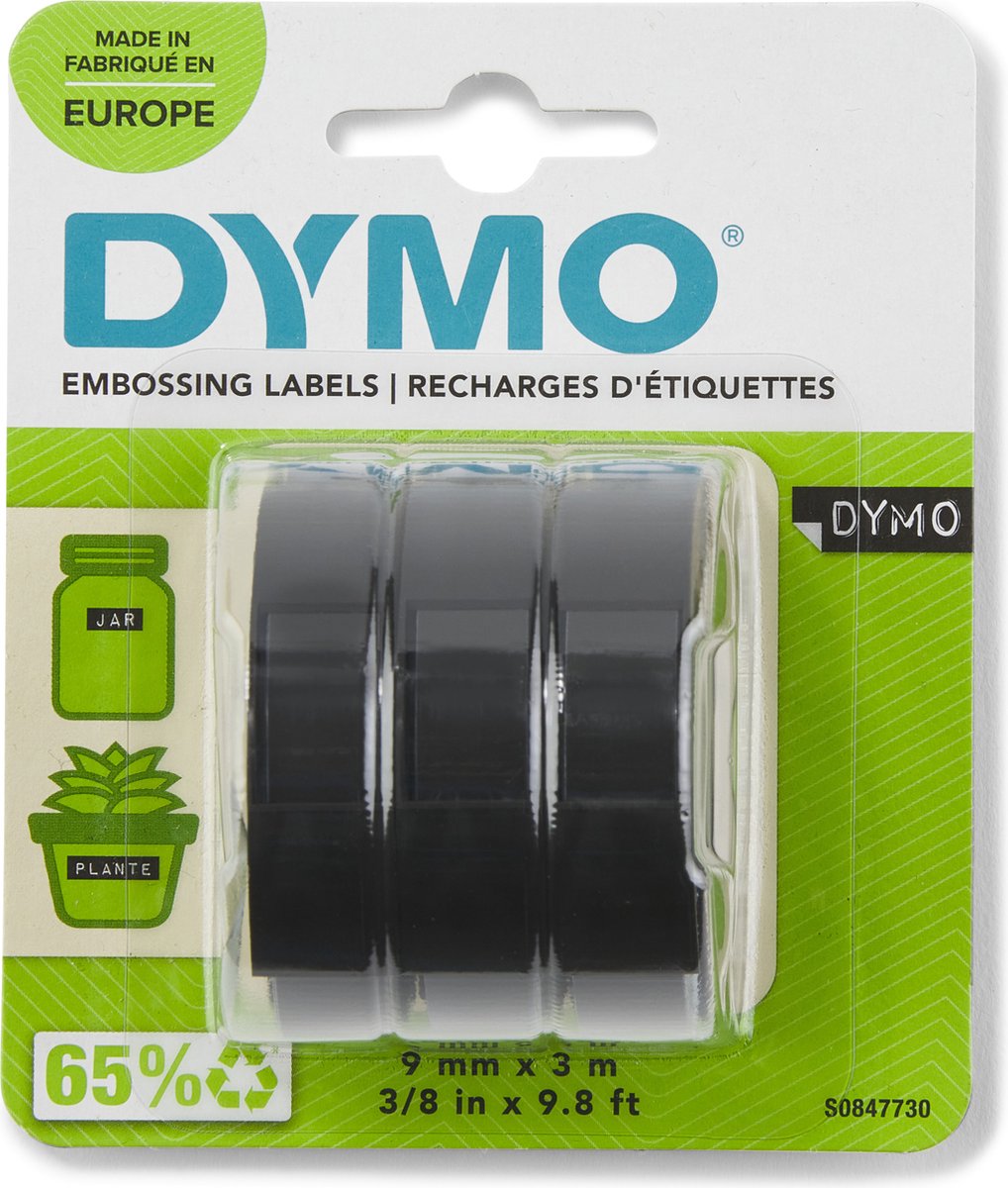 Nastro per etichette in rilievo originale Dymo | rotoli da 9 mm x 3 mt | bianco su nero | autoadesivo | per etichettatori per goffratura | 3 pezzi