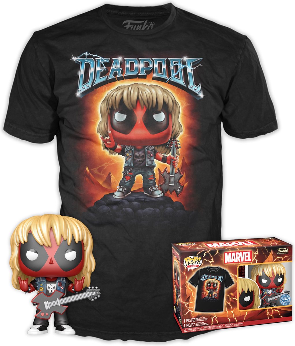 Funko pop! tee box marvel: deadpool (heavy metal) guitar metallic special edition exclusive - maat m
