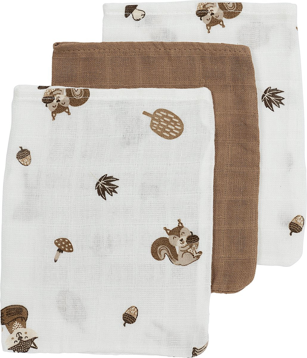 Meyco baby forest animals washandjes - 3-pack - hydrofiel - toffee - 20x17cm