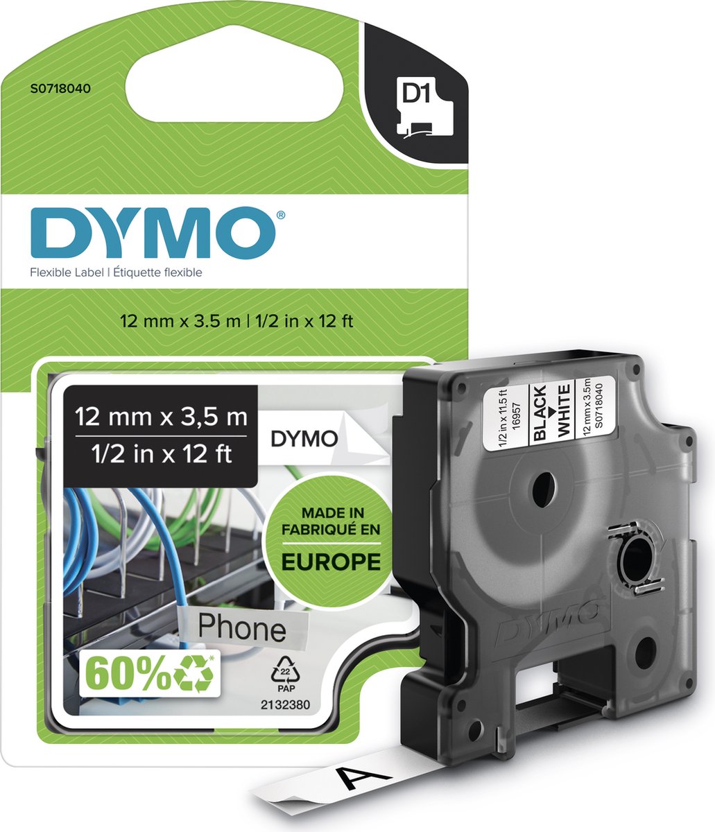 Etichette in nylon flessibile durevole Dymo originali d1 | testo nero su etichetta bianca | 12 mm x 3,5 m | etichette autoadesive per la stampante per etichette Label Manager | prodotto in Europa