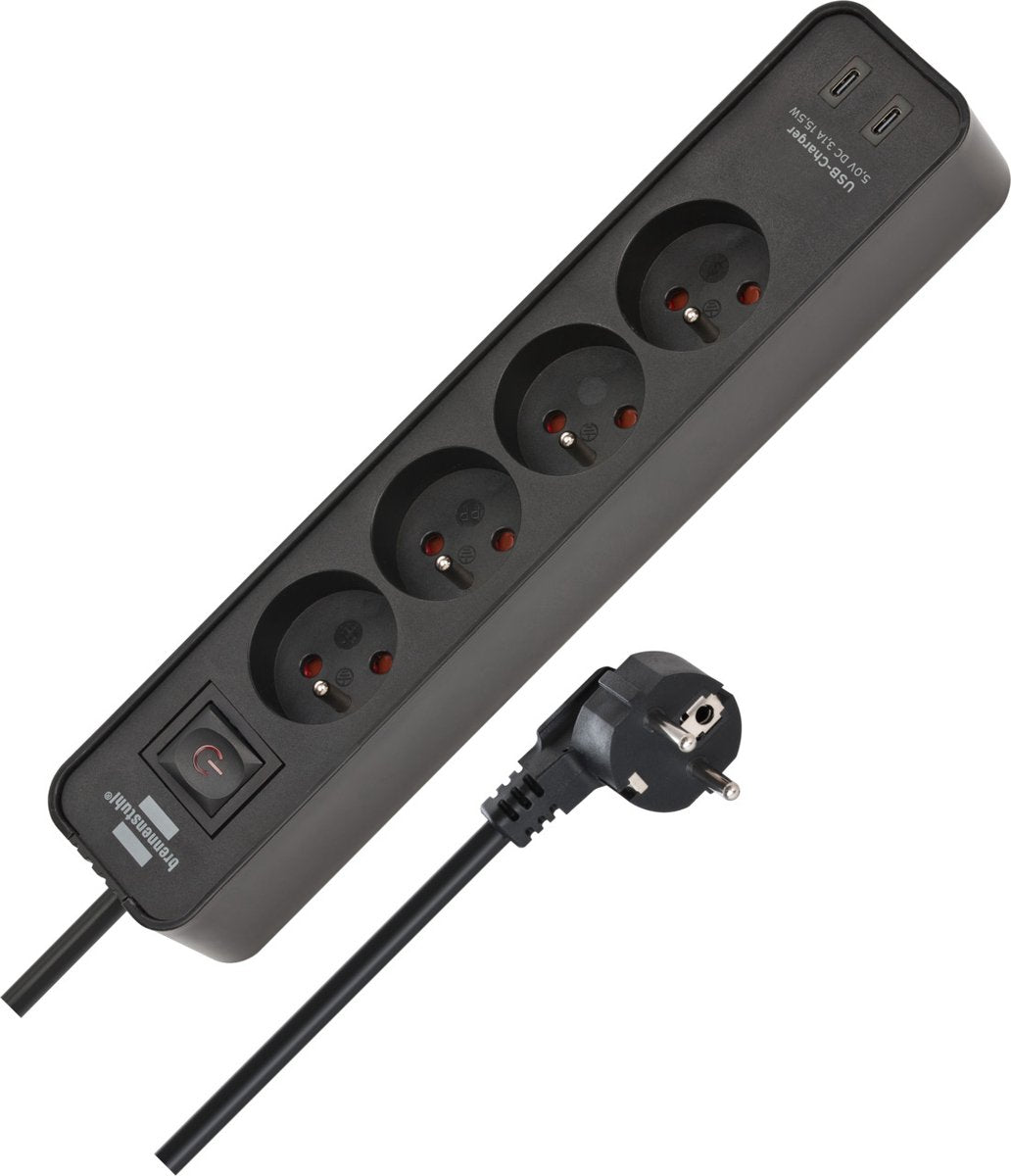 Ciabatta Brennerstuhl ecolor con 4 prese con messa a terra e 2 punti di ricarica USB-C (ciabatte USB con interruttore e cavo da 1,5 m)