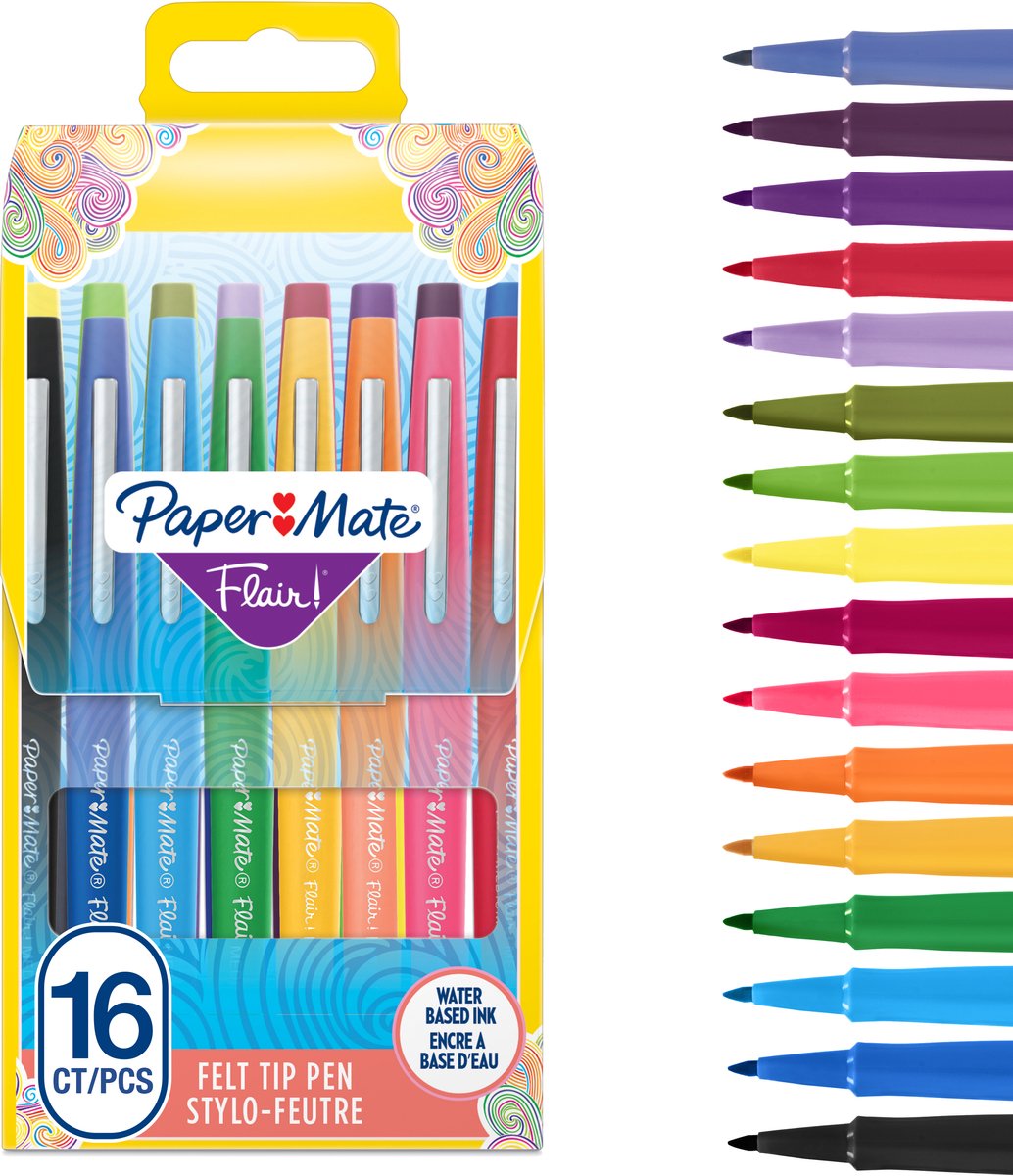 Pennarelli Paper Mate Flair | punto medio (0,7 mm) | vari colori | valigetta da 16 pezzi