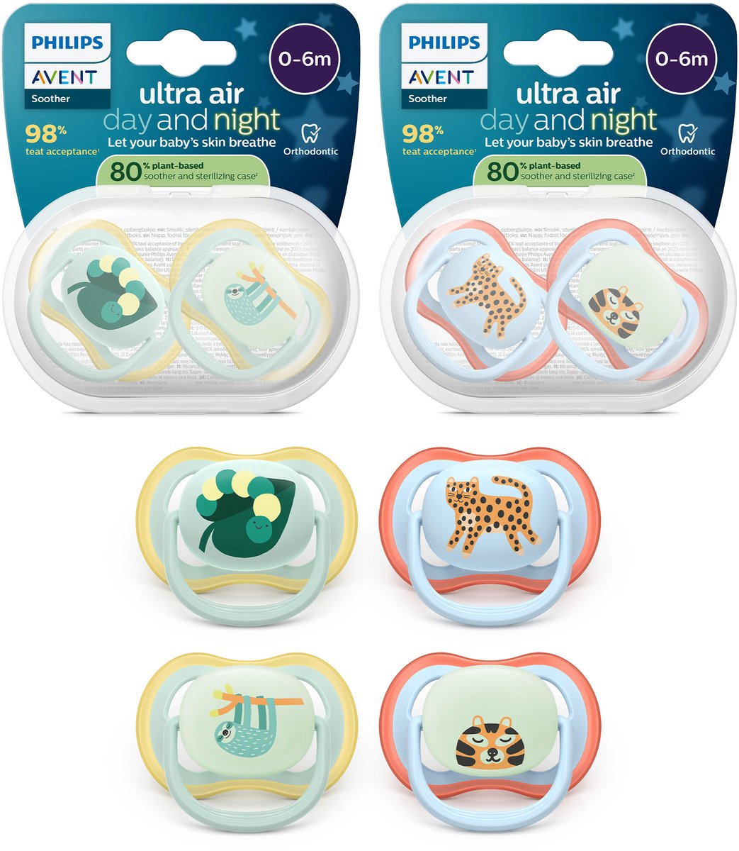 Philips avent ultra air day night - set de chupete con versión día y noche - 4 piezas - 0-6 meses - scf087 22