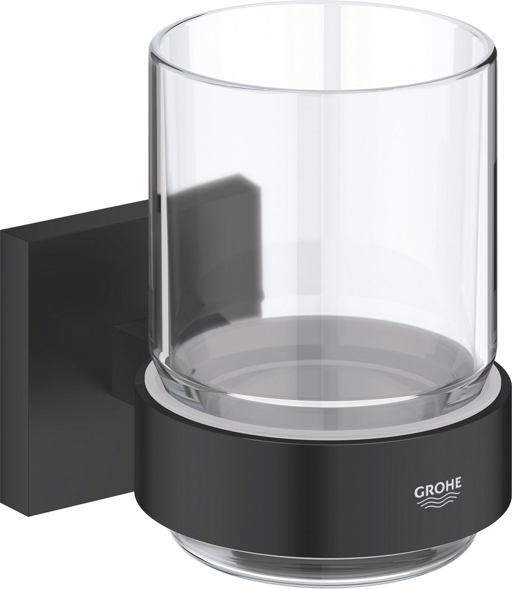 Bicchiere Grohe Quickfix Start Cube con supporto - vetro metallo - nero opaco