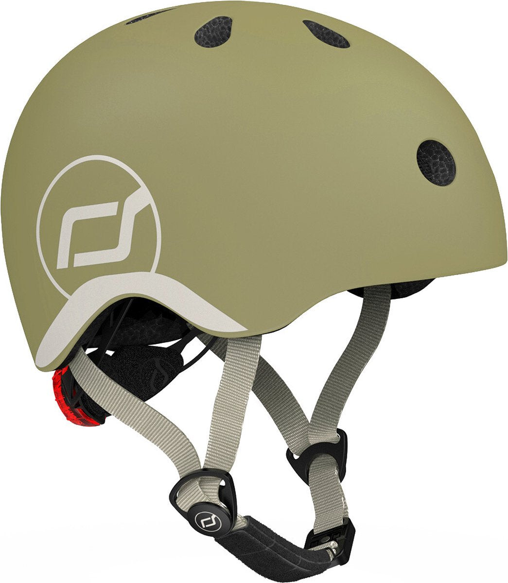 Scoot ride helmet – kinderhelm – xs 45-51 cm – led achterlicht – magnetische sluiting – verstelbaar – olijf