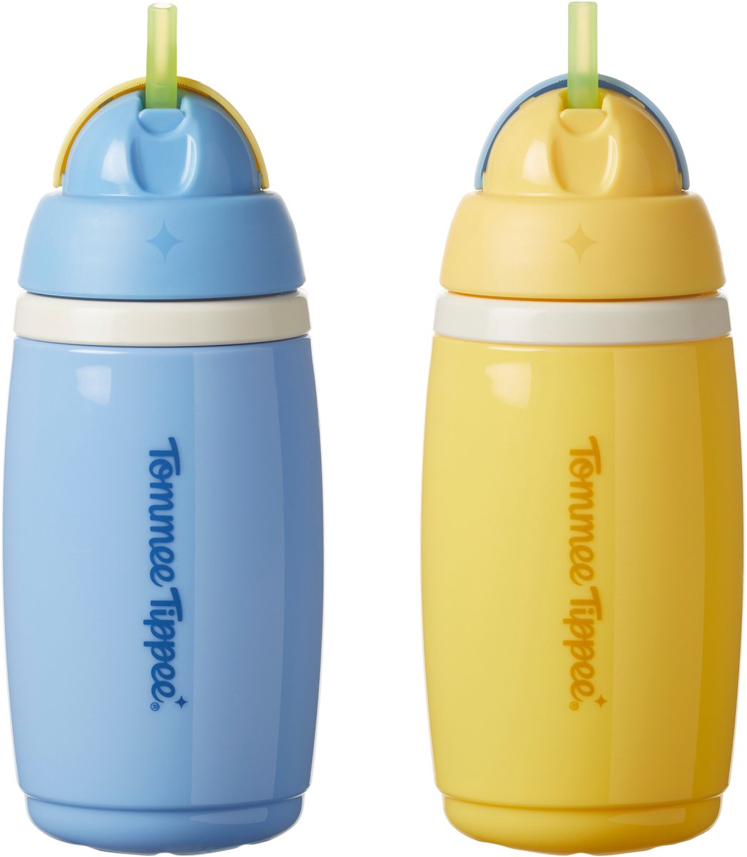 Tommee tippee geïsoleerde active rietjesbeker – 2 stuks – 266 ml –lekvrije waterfles voor peuters 12m+ - blauw en geel