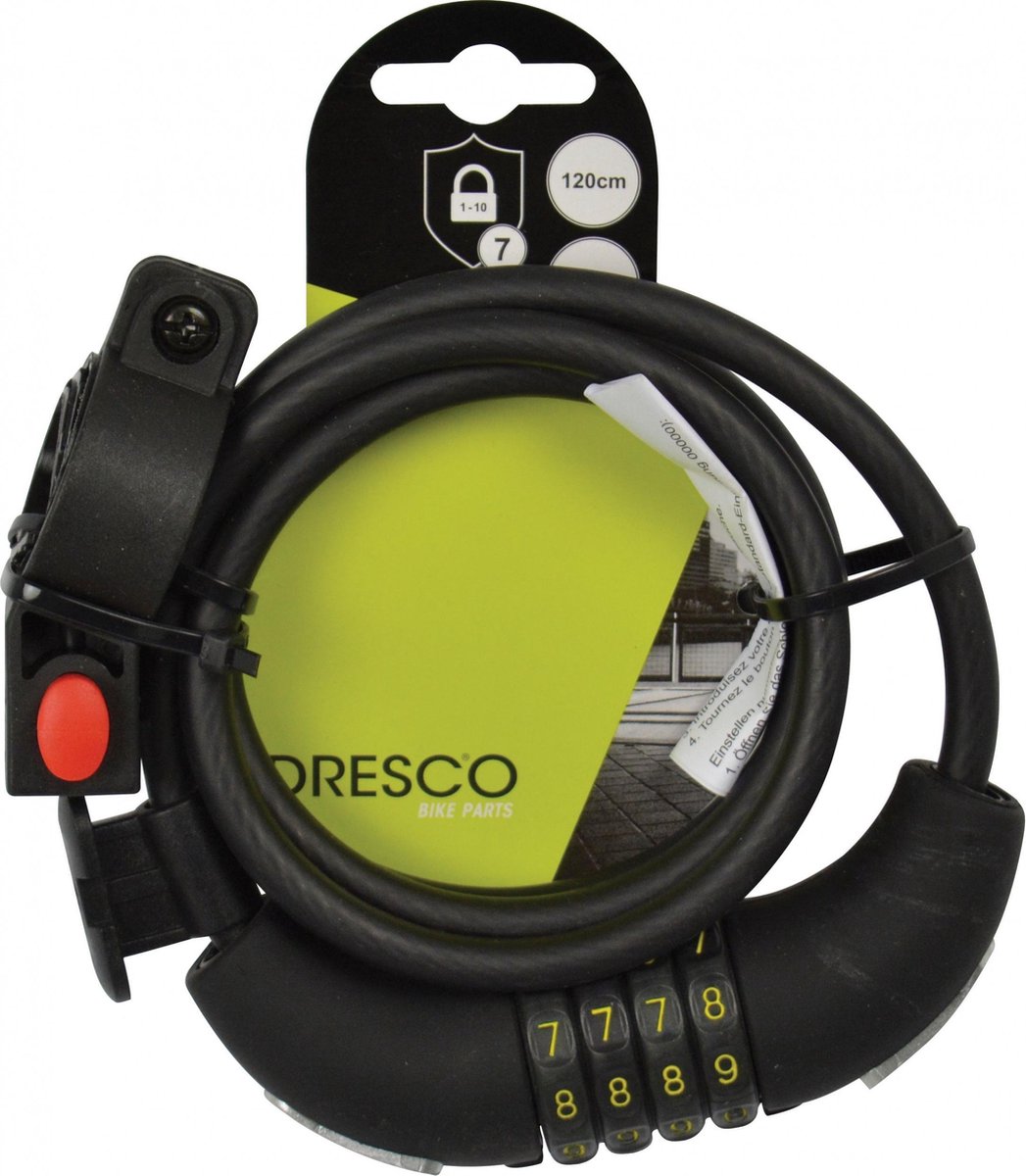 Lucchetto a cavo Dresco 120 8 codice - serratura a combinazione a spirale - 120 cm - tondo 8 mm - con supporto - nero