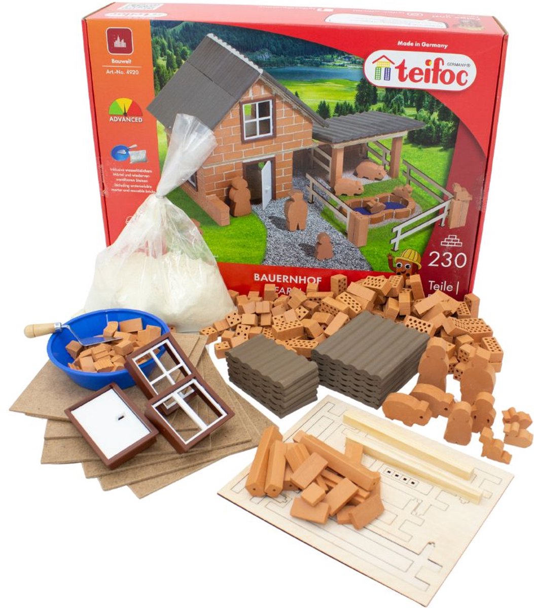 Scatola di costruzione Teifoc ® – Fattoria – 230 pezzi – Veri mini mattoncini con cemento, ciotola e cazzuola – Kit di costruzione per bambini dai 6 anni