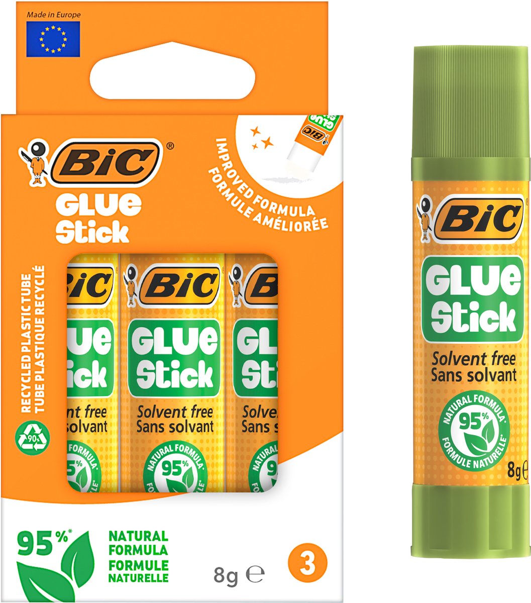 Bic ecolutions pegamento en barra 8g - 3 piezas - 95% natural - mini pegamento manualidades escolares