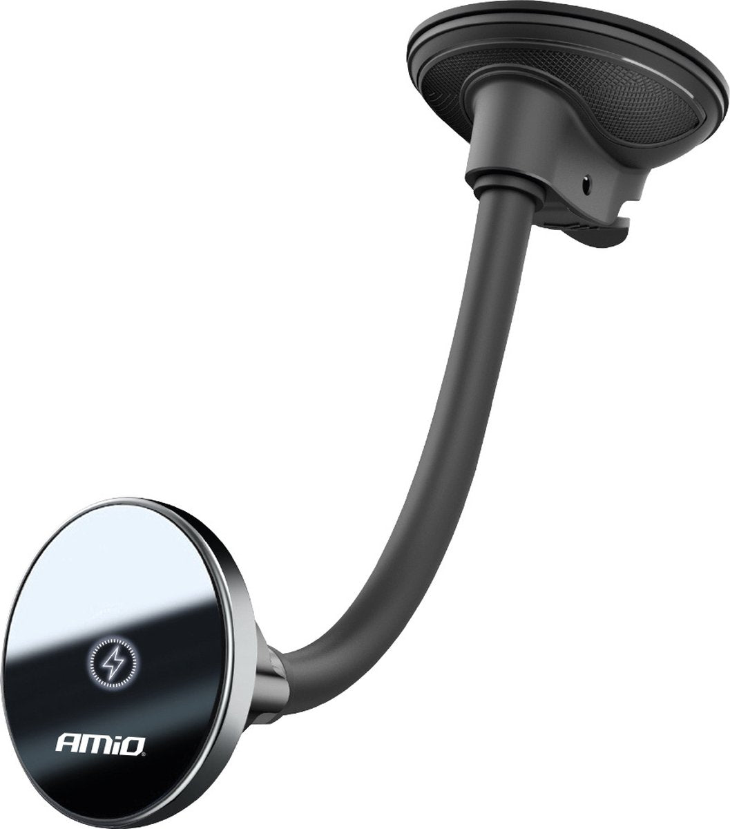 Porta cellulare magnetico Amio con caricatore wireless qi 15w e magsafe - braccio regolabile e ventosa nero