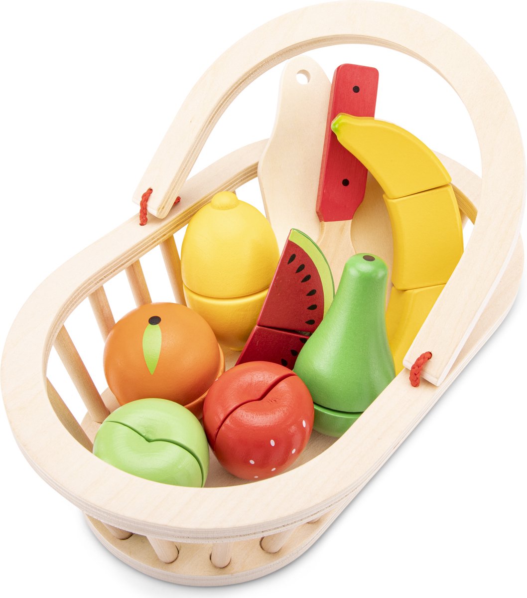 Woet ® Juego de cesta de frutas de madera - Fruta cortable en cesta con tabla de cortar - Juego educativo para cortar alimentos - Juguetes para juegos de rol - A partir de 2 años