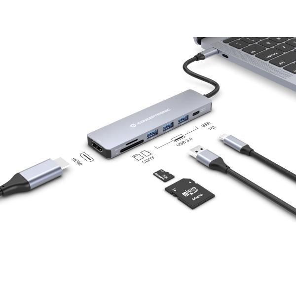 Concepttronic Concepttronic Donn19G 7 in 1 USB 3.2 Gen 1 Stazione di docking, HDMI, USB-A 3.0 X 3, SD, TF MicroSD, 100W