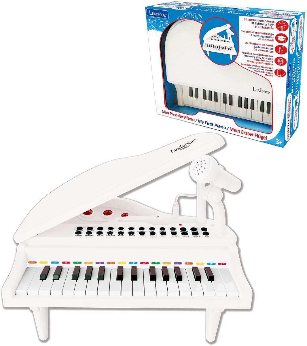 Mini piano de cola electrónico Lexibook con patas, micrófono, 31 teclas retroiluminadas para aprender música y cable de entrada