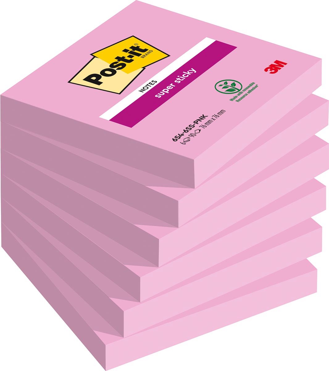 Post-it memo pad 654 super sticky 76x76mm pink 90 sheets