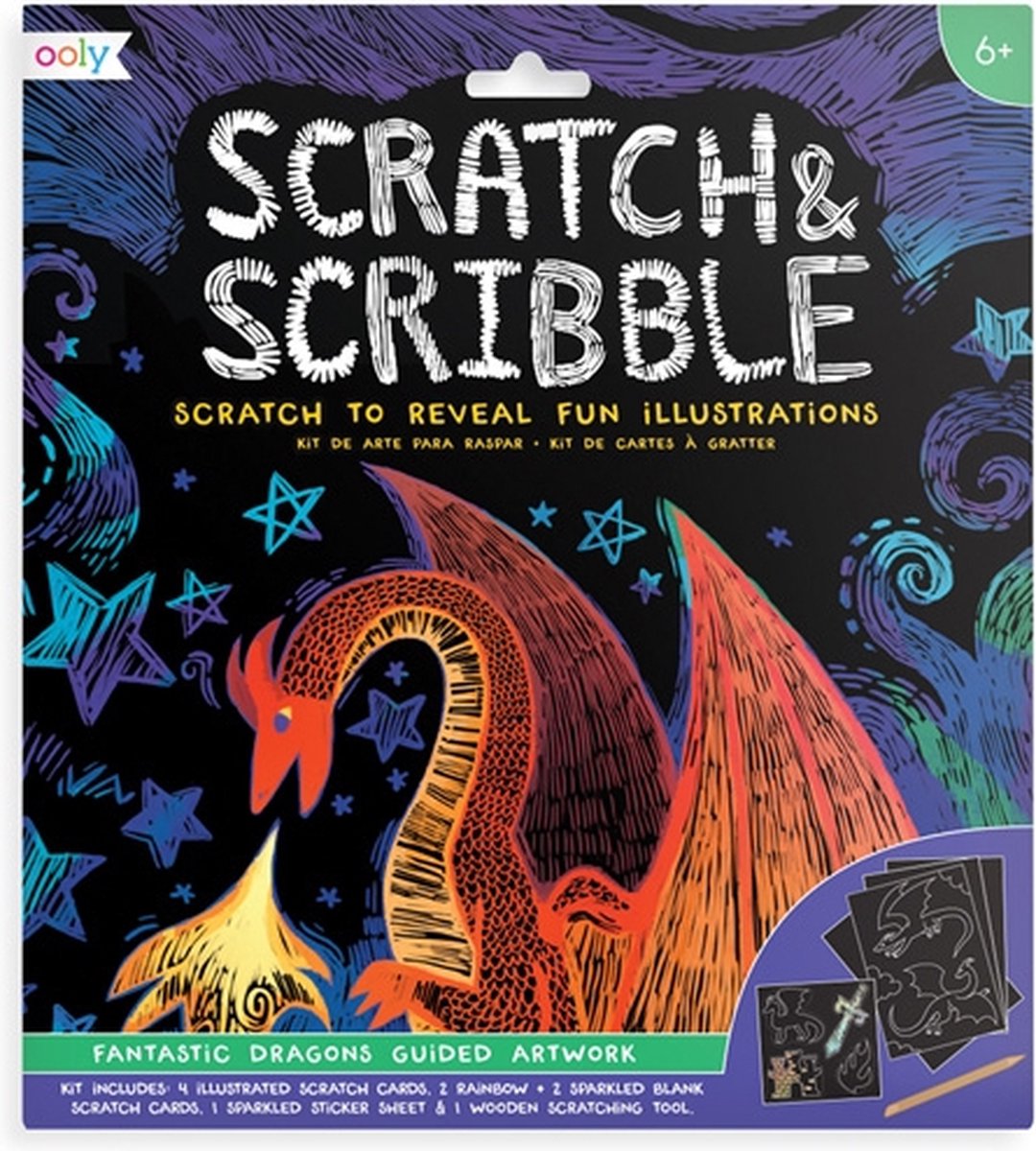 Ooly - dragón fantástico - scratch and scribble - scratch art con 4 tarjetas