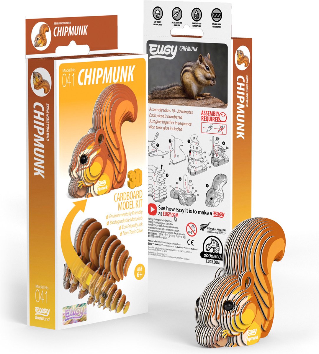 Puzzle 3d eugy - ardilla listada - animales del bosque - sostenible - colecciónalos todos - 6 años