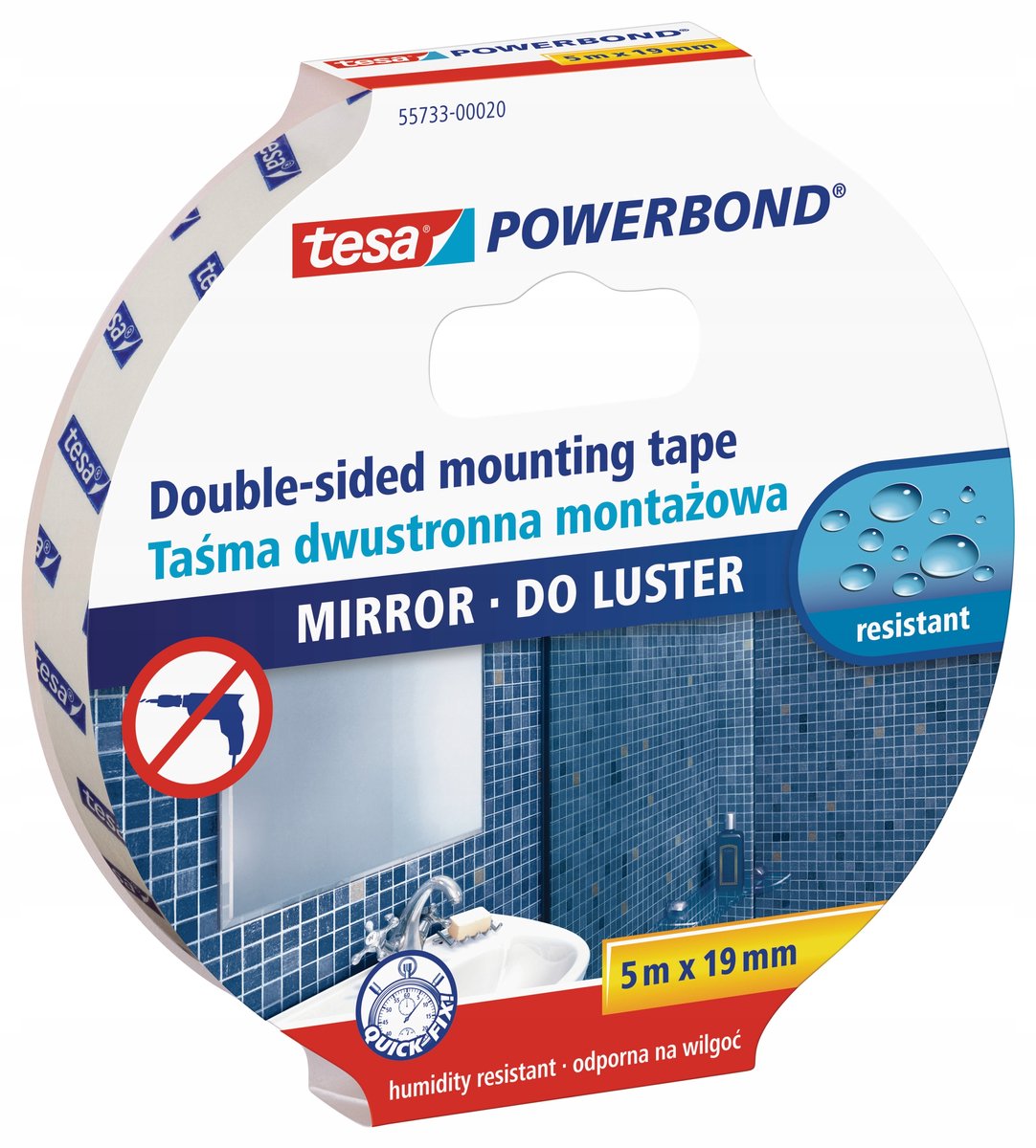 Tesa ® power bond - nastro di montaggio biadesivo - resistente all'acqua - elevata adesione - ideale per specchi - 5 m - 19 mm