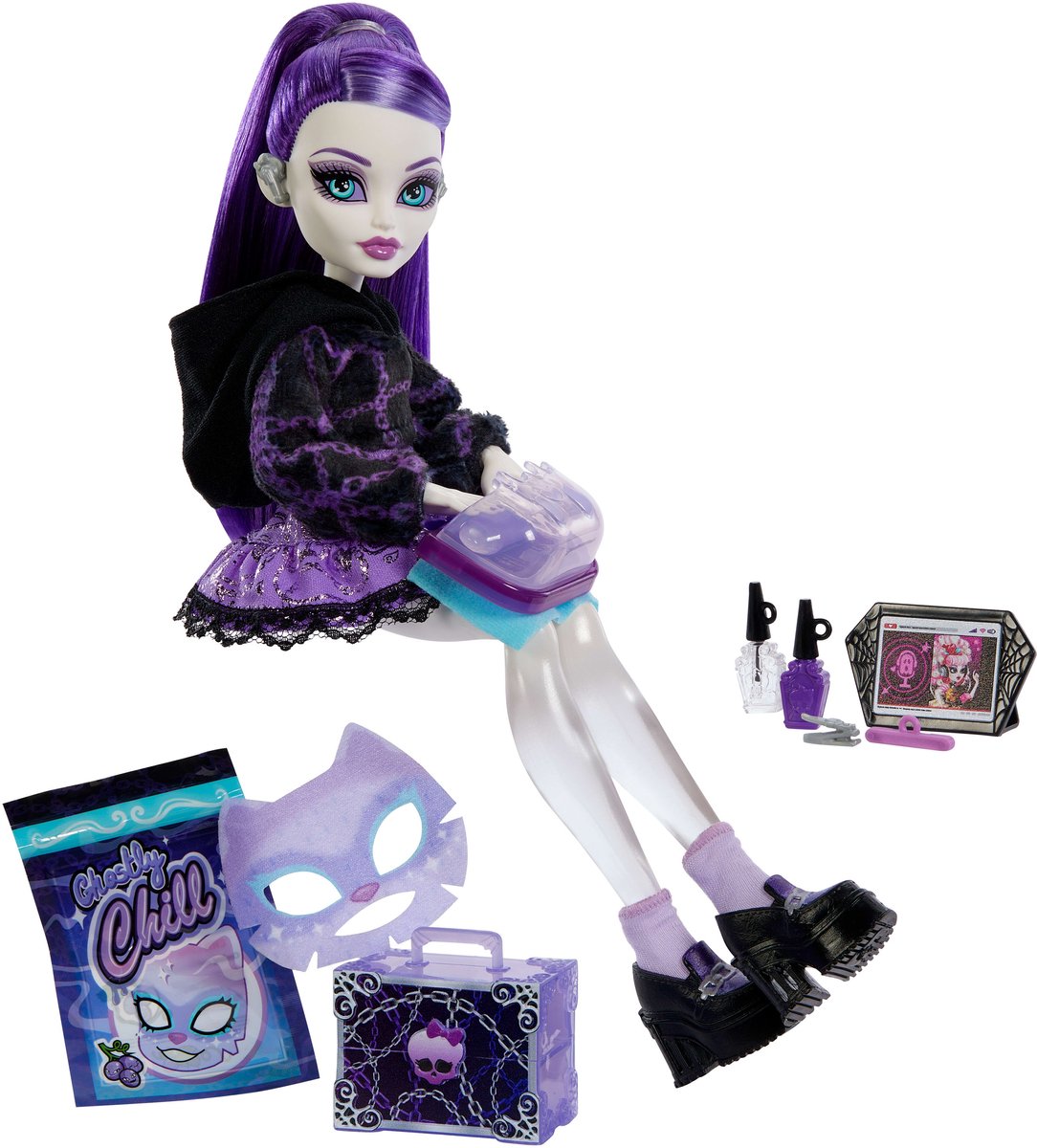 Monster High Self-Scare Secrets: muñeca de moda Spectra Findergeist con 13 accesorios realistas