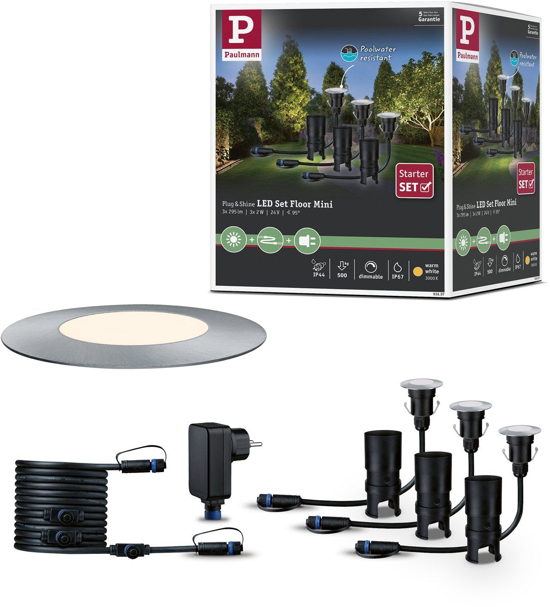 Paulmann Plug Shine LED Empotrable Suelo Suelo Mini Basic Set IP67 3000K 3x2,5W 21VA Plata