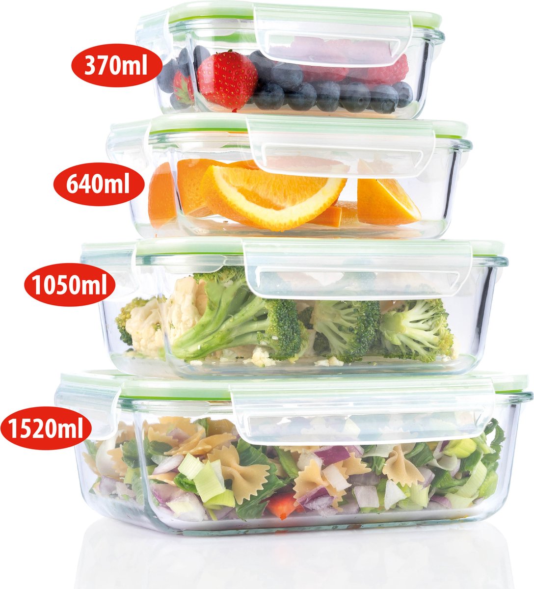 Recipientes para alimentos Alpina - 8 piezas - con tapa - recipientes para congelador - aptos para horno, congelador, microondas y lavavajillas - vidrio - 370, 640, 1050 y 1520 mililitros