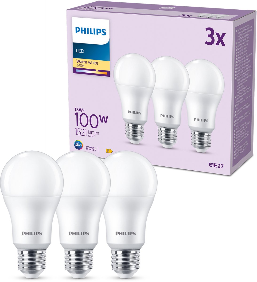 Lampada LED Philips opaca - 100 w - E27 - luce bianca calda - 3 pezzi