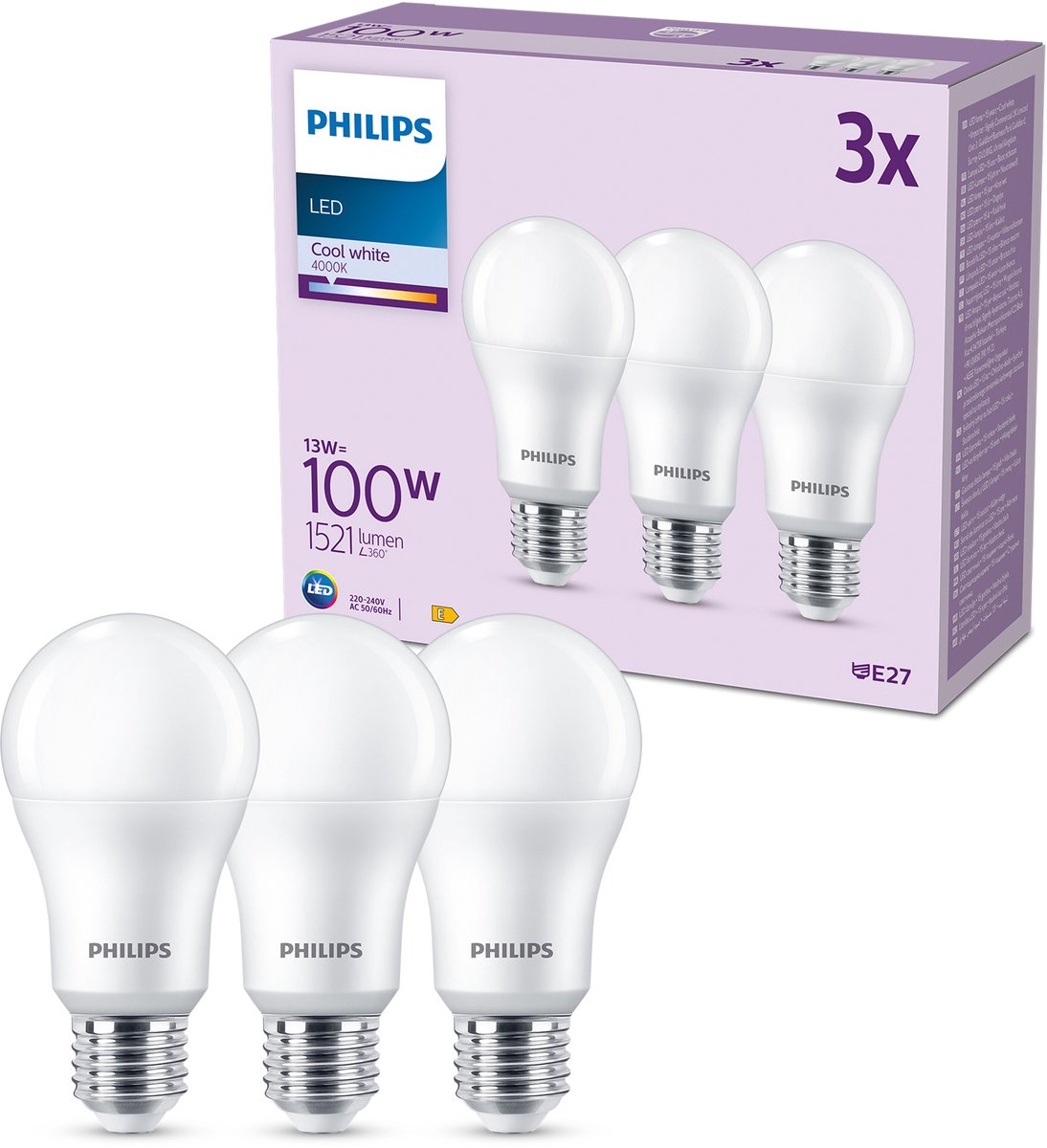 Lámpara LED Philips mate - 100 w - E27 - luz blanca fría - 3 piezas