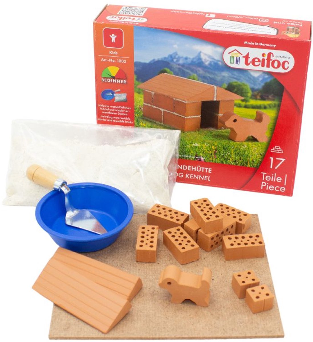 Caja de construcción Teifoc ® – Juego de construcción de caseta para perros – 17 piezas – Mini ladrillos reales con cemento, cuenco y paleta – Kit de construcción para niños a partir de 6 años