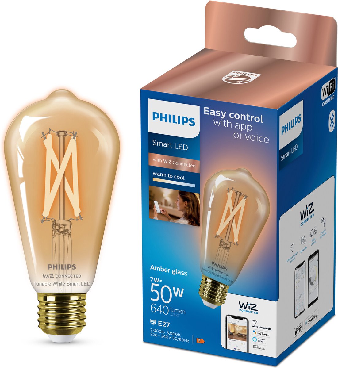 Philips smart led e27 7w 640lm 2000k-5000k edison