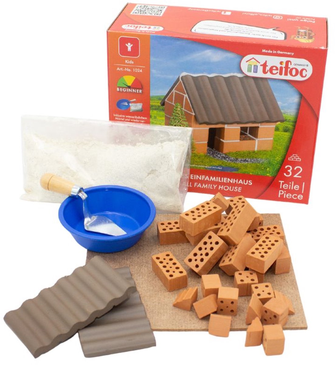 Scatola da costruzione Teifoc ® – Set da costruzione per casetta – 35 pezzi – Veri mini mattoncini con cemento, ciotola e cazzuola – Kit da costruzione per bambini dai 6 anni