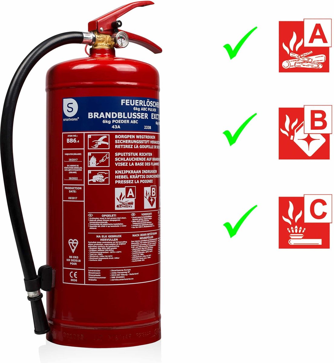 Smartwares 10.014.72 - brandblusser poeder 6kg - incl ophangbeugel - brandklasse abc - bsi gecertificeerd