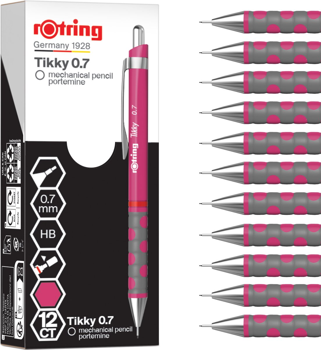 Rotring tikky vulpotlood | hb, 0,7 mm | magenta-huls (roze) | lichtgewicht met rubberen grip | 12 stuks