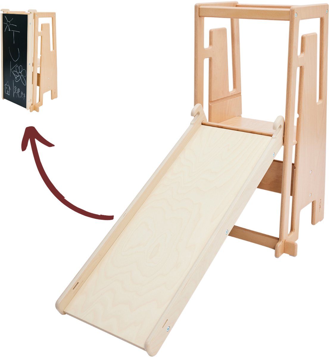 Tuki® glijbaan met tekentafel - learning tower - montessori leertoren - leertoren keukenhulp - leer toren - leertoren accessoires - kindertrapje - natuur