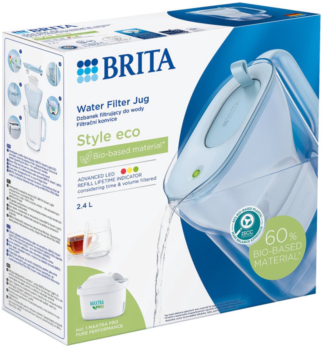 Caraffa filtrante Brita stile eco - 2,4 l - blu - incl. 1 filtro per l'acqua Maxtra Pro Pure Performance