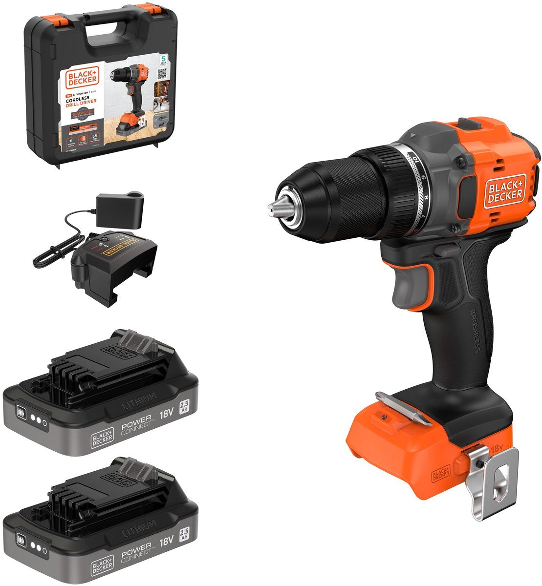 Trapano avvitatore brushless Black+decker 18v in valigetta (con batteria 2x2,5ah e caricabatteria) - bld782e2k-qw