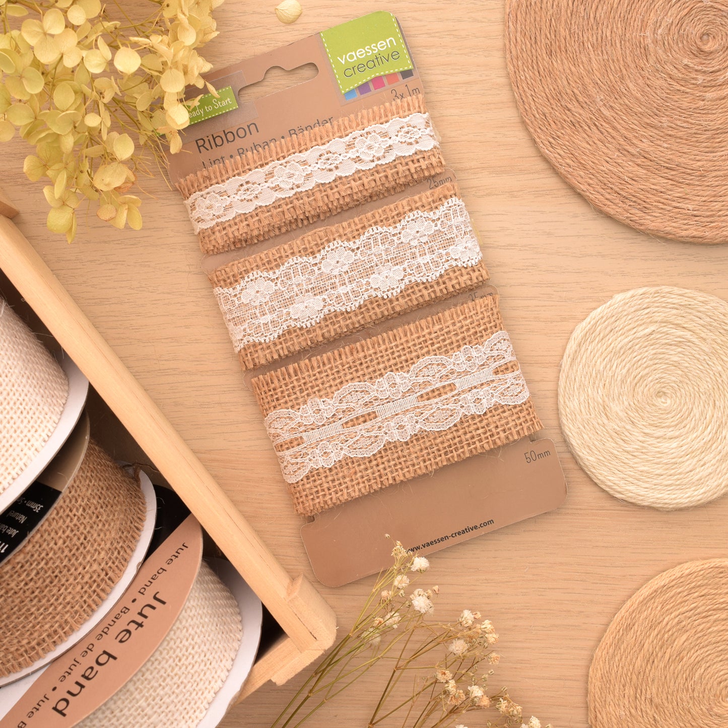 Vaessen creative • assortimento nastro di iuta pizzo avorio naturale 3 pezzi 1 m