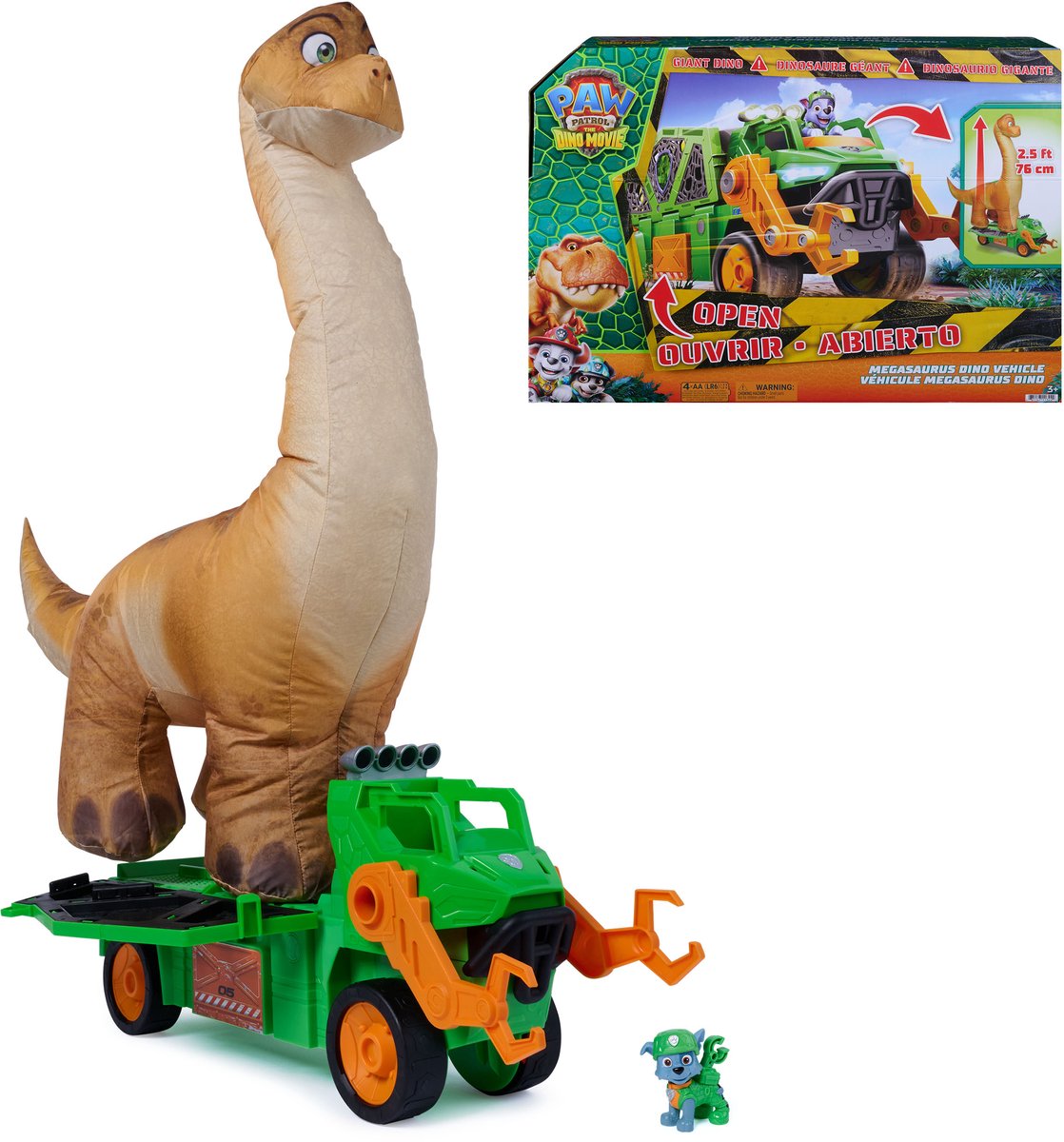 Paw Patrol - La película de dinosaurios - Vehículo de dinosaurio megasaurio con un dinosaurio de juguete inflable de 76,2 cm y una figura de acción rocosa