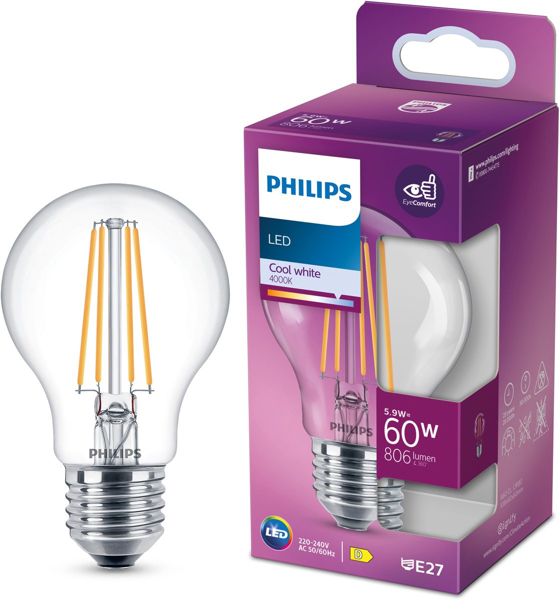Lampada a filamento Philips trasparente 60w a60 e27