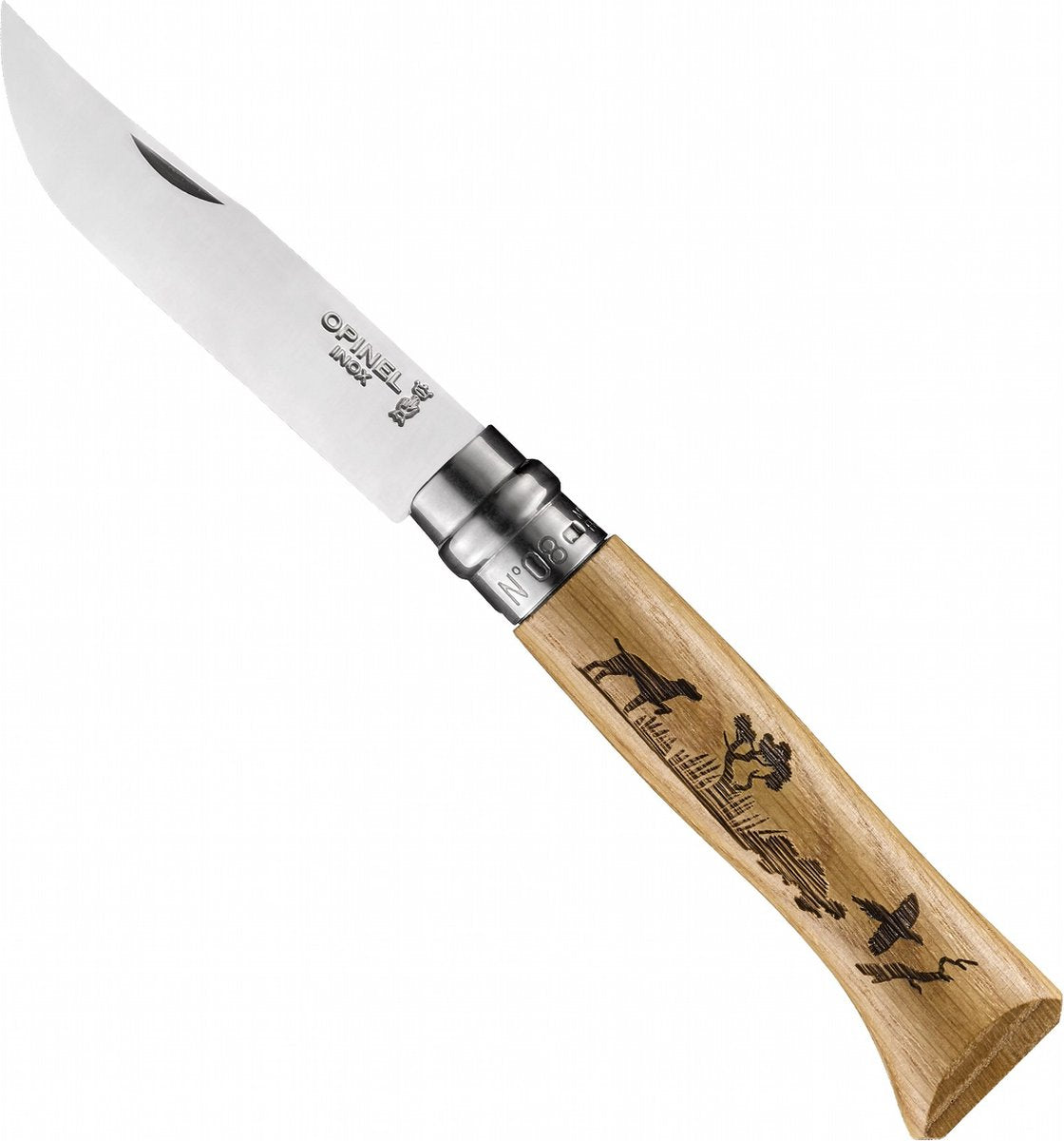 Opinel nº08 navaja grabada perro acero inoxidable madera