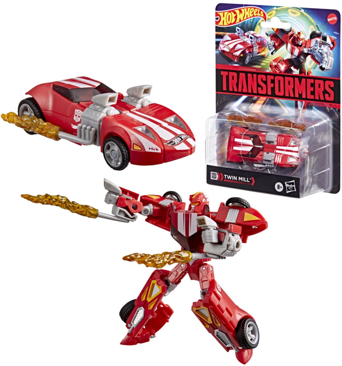 Hasbro transformers-speelgoed hot wheels x transformers red twin mill-actiefiguur van 12,5 cm, vanaf 8 jaar