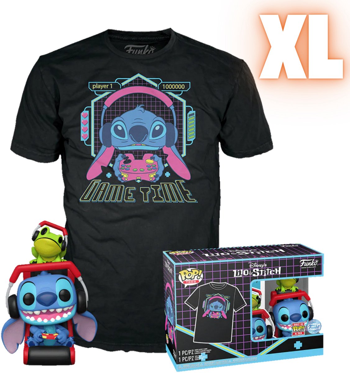 Funko lilo stitch gamer stitch con rana - ¡pop! ¡muñeca de los caballeros de la camiseta! - neutro - xl