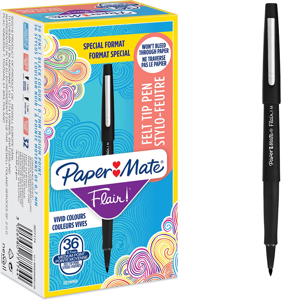 Pennarelli Paper Mate Flair | punto medio (0,7 mm) | inchiostro nero | 36 pezzi