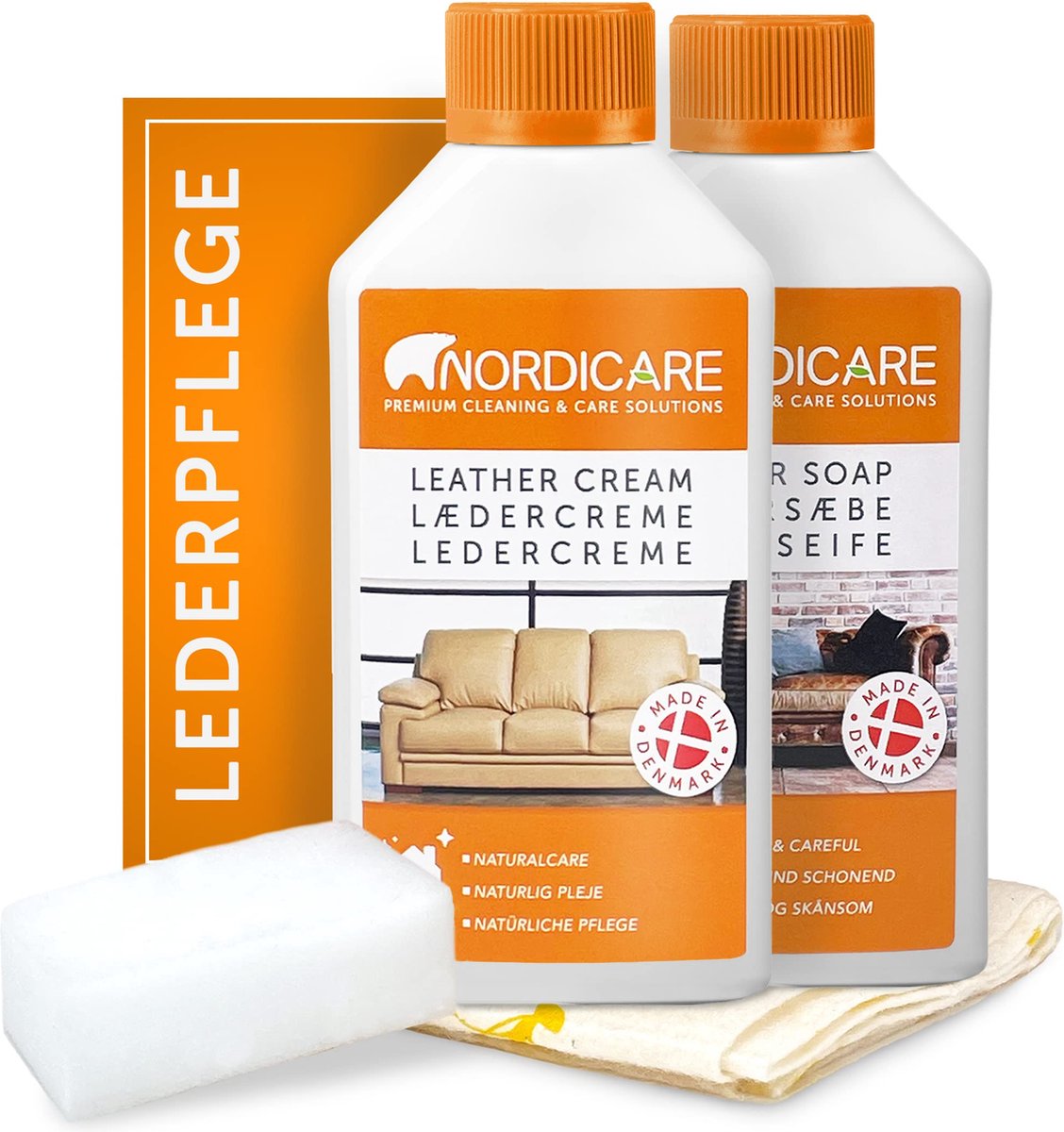 Nordicare Set de cuidado del cuero (250 ml) para coche, sofá y muebles, limpiador de cuero para el cuidado del cuero, set de cuidado del cuero, limpieza del cuero, cuidado del sofá, limpiador de cuero, cuidado del cuero del coche